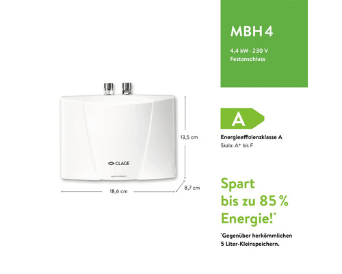 Clage Kleinspeicher MBH 4 mit den Massen 13,5 cm Höhe, 18,6 cm Breite und 8,7 cm Tiefe