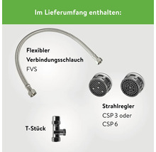 Lieferumfang mit flexiblem Verbindungsschlauch, T-Stück und Strahlregler.