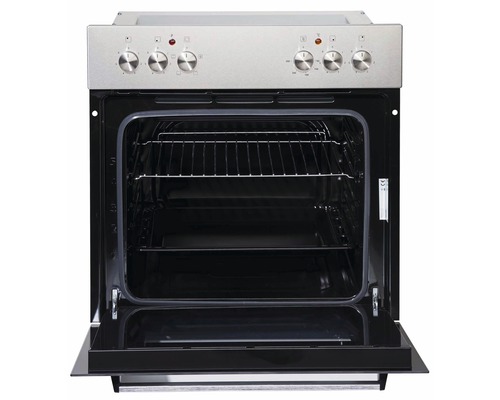 Offener Backofen mit Grillrost und Backblech