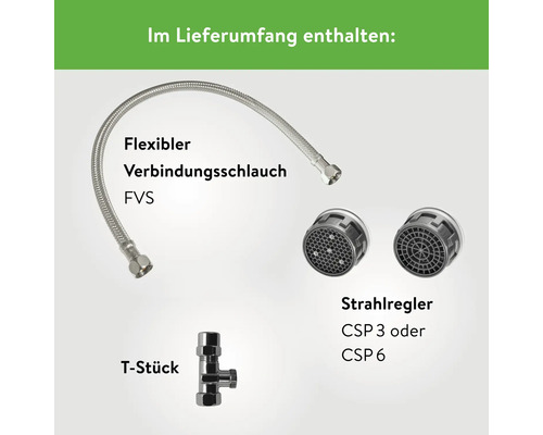 Lieferumfang mit flexiblem Verbindungsschlauch, Strahlregler CSP 3 oder CSP 6 und T-Stück