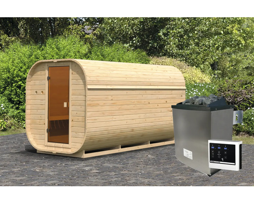 Sauna baril Karibu Quadrado 3 avec poêle 9 KW et commande ext. avec vestibule et porte tout verre bronzée