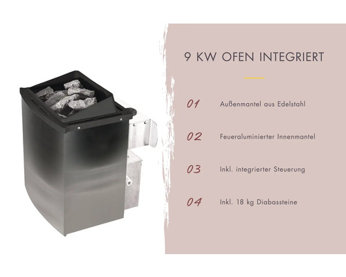 Saunaofen mit 9 Kilowatt Leistung, Edelstahl Außenmantel, feueraluminierter Innenmantel, integrierter Steuerung und 18 Kilogramm Diabassteinen