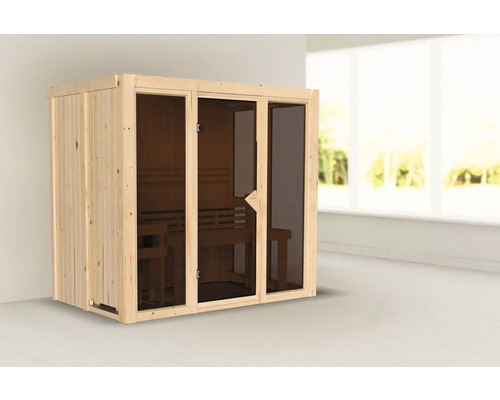 Sauna modulaire Karibu Iravos 3 sans poêle et porte tout verre bronzée