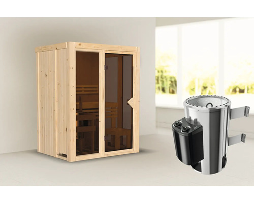 Sauna en bois avec porte en verre et poêle de sauna