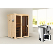 Sauna en bois avec porte en verre et poêle de sauna avec commande