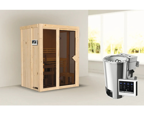 Sauna en bois avec porte en verre et poêle de sauna avec commande