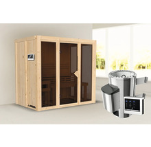 Sauna en bois avec porte en verre et poêle de sauna avec commande