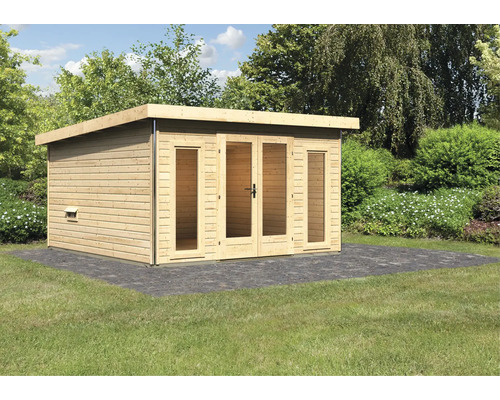 Chalet sauna Karibu Sainburga 3 sans poêle avec vestibule et porte tout verre bronzée