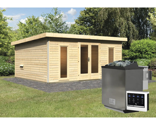 Chalet sauna Karibu Sainburga 4 avec poêle 9 kW Bio et commande ext. avec vestibule et porte tout verre bronzée
