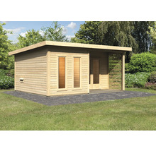 Abri de jardin en bois avec toit plat et terrasse