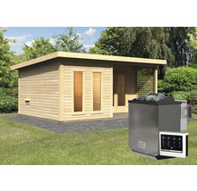Saunahaus Karibu Sainburga 5 inkl. 9 kW Bio Ofen u.ext. Steuerung mit Vorraum und bronzierter Ganzglastüre