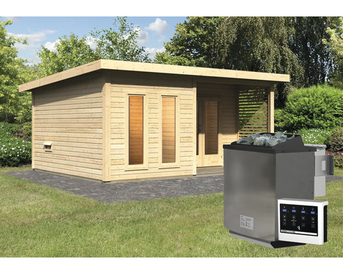 Chalet sauna Karibu Sainburga 5 avec poêle 9 kW Bio et commande ext. avec vestibule et porte tout verre bronzée