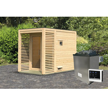 Sauna aus Holz mit Saunaofen und Steuerung für den Aussenbereich