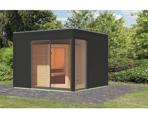 Chalet sauna Karibu Termingo 1 sans poêle avec vestibule et porte tout verre bronzée anthracite