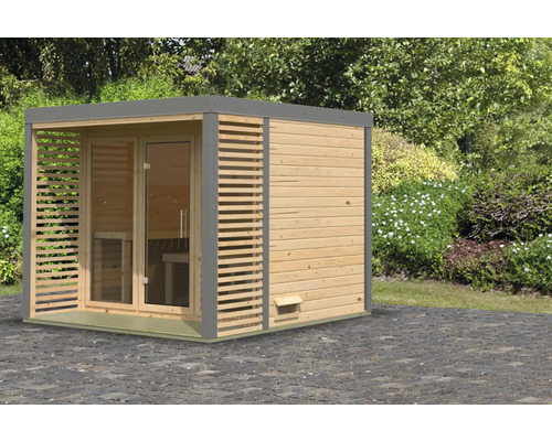 Chalet sauna Karibu Sares 3 sans poêle avec fenêtre et porte tout verre en verre transparent gris poussière