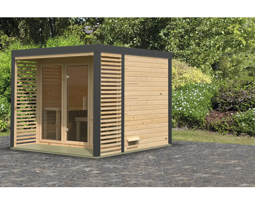 Chalet sauna Karibu Hybrid 3 sans poêle avec fenêtre et porte tout verre en verre transparent anthracite