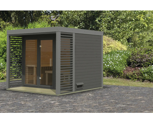 Chalet sauna Karibu Sares 3 sans poêle avec fenêtre et porte tout verre en verre transparent gris poussière/gris terre cuite