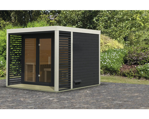 Chalet sauna Karibu Sares 3 sans poêle avec fenêtre et porte tout verre en verre transparent anthracite/blanc