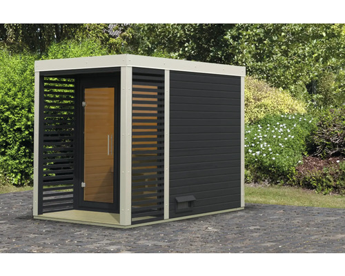 Chalet sauna Karibu Sares 1 sans poêle avec fenêtre et porte tout verre en verre transparent anthracite/blanc