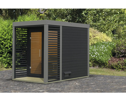 Chalet sauna Karibu Sares 1 sans poêle avec fenêtre et porte tout verre en verre transparent anthracite/gris poussière