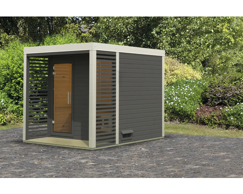 Chalet sauna Karibu Sares 2 sans poêle avec fenêtre et porte tout verre en verre transparent gris terre cuite/blanc