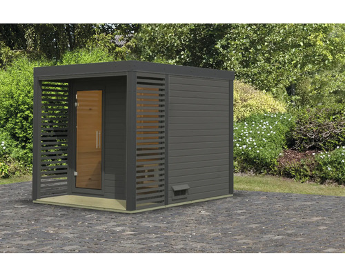 Chalet sauna Karibu Sares 2 sans poêle avec fenêtre et porte tout verre en verre transparent anthracite/gris terre cuite