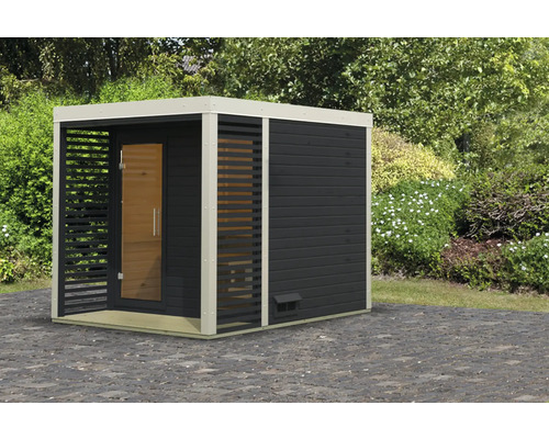 Chalet sauna Karibu Sares 2 sans poêle avec fenêtre et porte tout verre en verre transparent anthracite/blanc