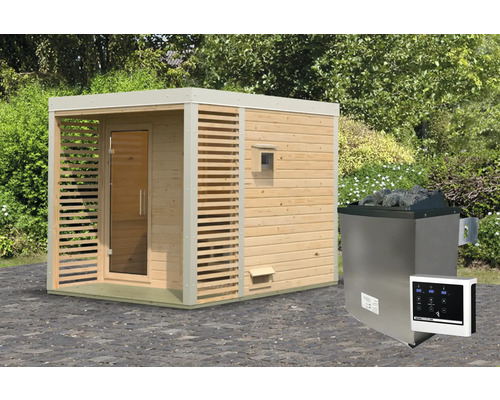 Chalet sauna Karibu Sares 2 avec poêle 9 KW Bio et commande ext. avec fenêtre et porte tout verre en verre transparent blanc