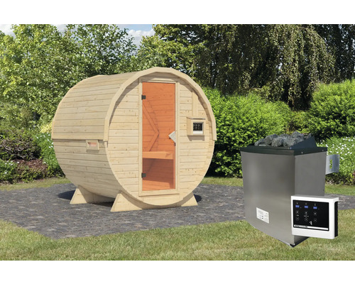 Sauna en bois massif Karibu Rondi 1 avec poêle 9 KW et commande ext. et porte tout verre bronzée