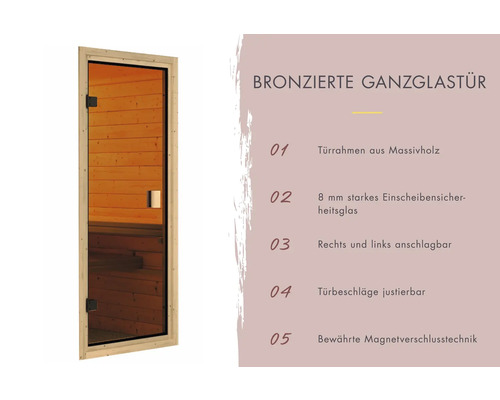 Bronzierte Ganzglastür mit Türrahmen aus Massivholz und Sicherheitsglas