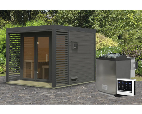 Chalet sauna Karibu Sares 3 avec poêle 9 kW Bio et commande ext. avec fenêtre et porte tout verre en verre transparent anthracite/gris terre cuite Chalet sauna Karibu Sares 3 avec poêle 9 kW Bio et commande ext. avec fenêtre et porte tout verre en verre transparent anthracite/gris terre cuite
