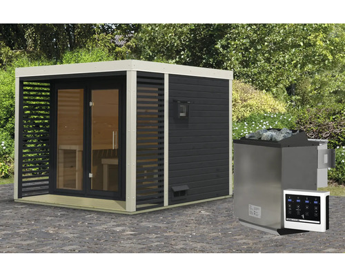 Chalet sauna Karibu Sares 3 avec poêle 9 kW Bio et commande ext. avec fenêtre et porte tout verre en verre transparent anthracite/blanc Chalet sauna Karibu Sares 3 avec poêle 9 kW Bio et commande ext. avec fenêtre et porte tout verre en verre transparent anthracite/blanc