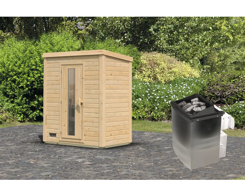 Chalet sauna Karibu Talos avec poêle 9 KW et commande intégr. et porte en bois et verre isolant