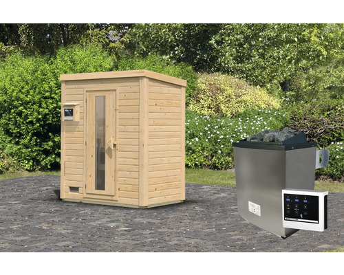 Chalet sauna Karibu Talos avec poêle 9 KW et commande intégr. et porte en bois et verre isolant