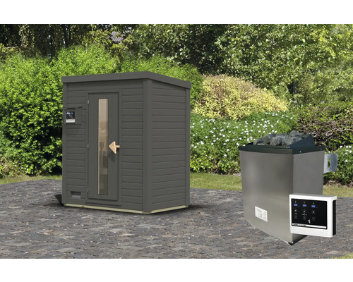 Chalet sauna Karibu Talos avec poêle 9 KW et commande ext. et porte en bois et verre isolant gris terre cuite