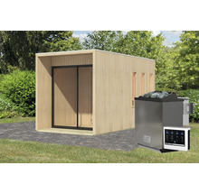 Saunahaus Karibu Miramor inkl. 9 kW Bio Ofen u.ext. Steuerung mit Vorraum und Ganzglastür aus Klarglas