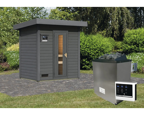 Chalet sauna Karibu Talos 1 avec poêle 9 KW et commande ext. et porte en bois et verre isolant gris terre cuite