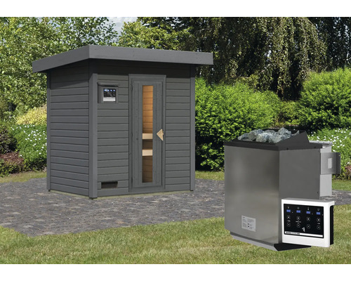 Chalet sauna Karibu Talos 1 avec poêle 9 kW Bio et commande ext. et porte en bois et verre isolant gris terre cuite