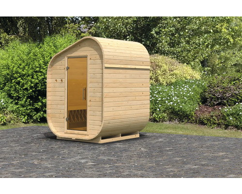 Sauna baril Karibu Rondi asymétrique 1 sans poêle et porte entièrement vitrée en verre transparent Sauna extérieure en bois avec porte en verre dans le jardin