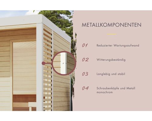 Detailaufnahme eines Gartenhauses, die Metallkomponenten hervorhebt: reduzierter Wartungsaufwand, Witterungsbeständigkeit, Langlebigkeit und Stabilität, monochrome Schraubenköpfe und Metallelemente.