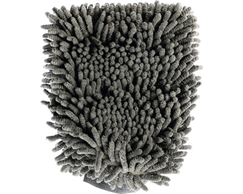 Grauer Chenille Waschhandschuh mit Schlingenstruktur für die Autopflege.