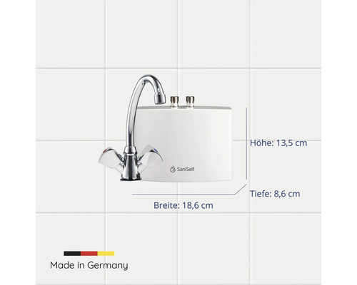 Wasserhahn mit Wasserfilter und Maßangaben