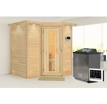 Holzsauna mit Saunaofen und Steuerungselement