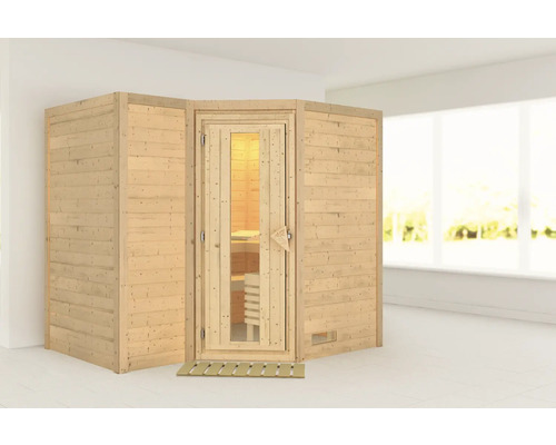 Sauna en bois massif Karibu Melanit 2 sans poêle ni couronne, avec porte en bois avec verre à isolation thermique