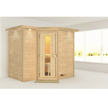 Massivholzsauna Karibu Melanit 2 ohne Ofen mit Dachkranz und Holztüre mit Isolierglas wäregedämmt