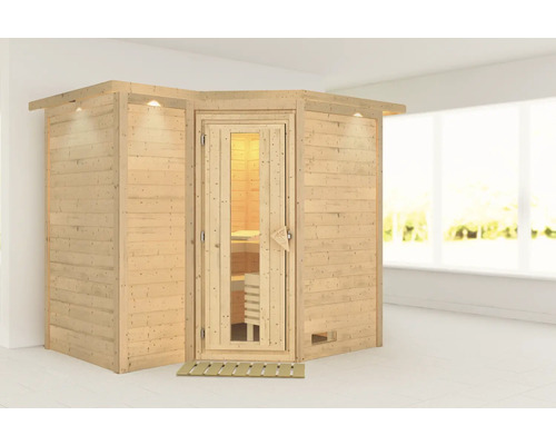 Sauna en bois massif Karibu Melanit 2 sans poêle, avec couronne et porte en bois avec verre à isolation thermique