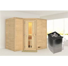 Massivholzsauna Karibu Melanit 2 inkl. 9 kW Ofen u.integr.Steuerung ohne Dachkranz mit Holztüre und Isolierglas wärmegedämmt