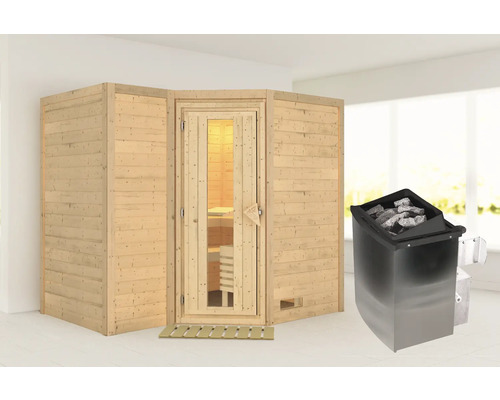 Sauna en bois massif Karibu Melanit 2 avec poêle 9 kW et commande intégrée, sans couronne, avec porte en bois avec verre à isolation thermique