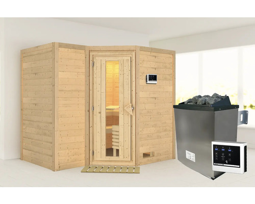 Sauna en bois massif Karibu Melanit 2 avec poêle 9 kW et commande externe, sans couronne, avec porte en bois avec verre à isolation thermique