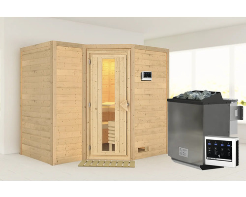 Sauna en bois massif Karibu Melanit 2 avec poêle bio 9 kW et commande externe, sans couronne, avec porte en bois avec verre à isolation thermique